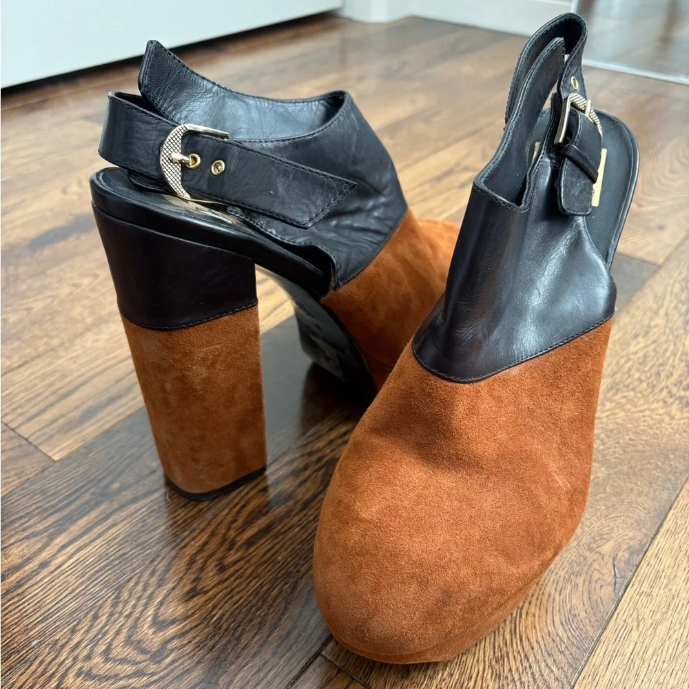 Dolce Vita Joanna Slingback Black and Brown Suede Leather Platform Clogs 9.5